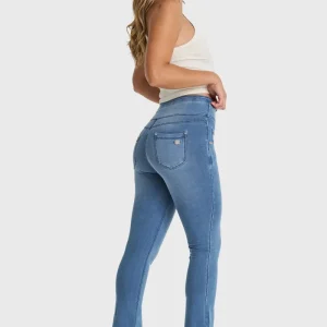 N.O.W. Yoga High Waist Wide Cropped Denim Jeans With Front Seam and Split - Denim Light Blue - Blue Seam