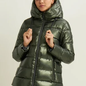 Women's glossy down jacket with protective hood and drawstring - Rosin Green