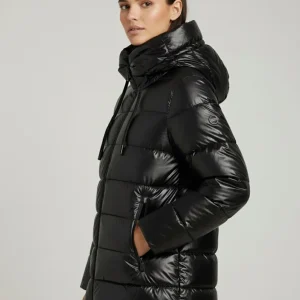 Women's glossy down jacket with protective hood and drawstring - Black