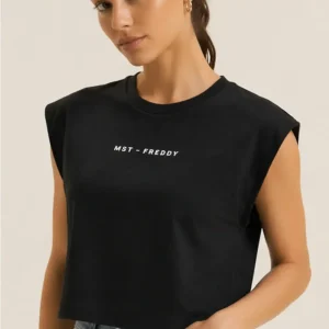 Short-sleeved t-shirt, cropped, with MST FREDDY prints - Black